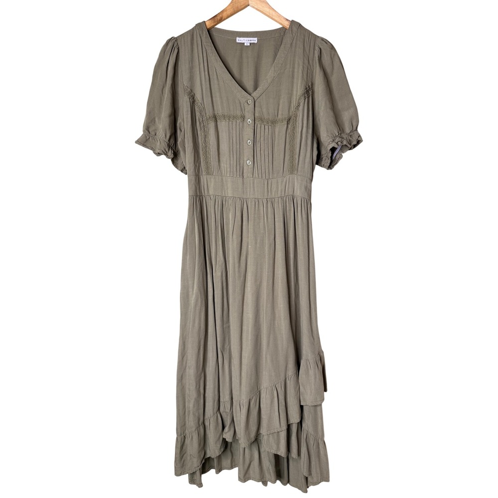 Baltic Born Olive Green Lace Trim Puff Sleeve High Lowโ Midi Dress Large